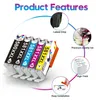 A collection of ink cartridges with feature callouts. Produktbild-Vorschau