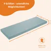 A light blue bench cushion is shown with dimensions indicated. Text in an orange bubble at the top states '9 Sizes - endless possibilities!' and a ribbon icon with 'Made in EU' below it. Voir les images du produit