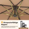 Close-up view of the underside of a brown umbrella, highlighting its sturdy metal ribs and construction. A smaller inset image shows several metal tubes. Podgląd zdjęcia produktu