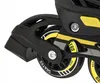 A close-up view of the wheel and frame of a black and yellow inline skate. Voir les images du produit