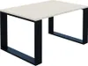 A product shot of a coffee table with a light-colored top and black metal legs, isolated on a white background. Produktbild-Vorschau