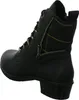 A black boot with a plaid fabric insert and a zipper. Voir les images du produit