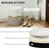 A product shot of a storage ottoman and boots, with a diagram showing the ottoman's layers. Produktbild-Vorschau