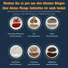 An infographic showing different ingredients being ground into powder, with German text describing the grinding process and time. Produktbild-Vorschau
