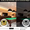 A split image showing a room with a pool table, with one side illuminated by warm LED lights and the other side in darkness. Two spools of LED strips are shown in the foreground. Produktbild-Vorschau