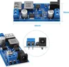 A collage of images showing a DC-DC buck converter module with dimensions indicated. Produktbild-Vorschau