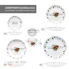 A diagram showing various pieces of a dinnerware set with dimensions and decorative elements. Náhled obrázku produktu