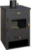A black wood-burning stove with a glass door and a chimney pipe on top. Anteprima dell’immagine prodotto