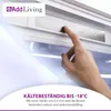 A hand is shown pressing a button on a refrigerator's control panel, with a textured white fabric in the foreground and a purple text overlay at the bottom. Anteprima dell’immagine prodotto