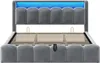A grey upholstered bed frame with a slatted base and a headboard with integrated blue LED lighting. Produktbild-Vorschau