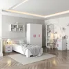 A bedroom scene with a bed, wardrobe, and desk. Voir les images du produit