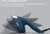 A close-up shot of a dark blue Tefal iron, angled diagonally, with motion blur effects suggesting movement or different positions. Text overlays at the top describe product features. Anteprima dell’immagine prodotto