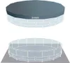 Two diagrams of an Intex Prism Frame round above-ground pool. The top diagram shows the pool with a cover on, and the bottom diagram shows the pool without a cover, placed on a ground mat. Náhled obrázku produktu