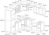 A technical drawing or blueprint of a modular kitchen layout with dimensions. Produktbild-Vorschau