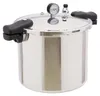 A stainless steel pressure cooker with black handles and a pressure gauge on a white background. Náhled obrázku produktu