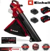 A red and black Einhell leaf blower with batteries and chargers displayed against a white background, along with marketing badges. Produktbild-Vorschau