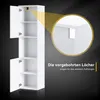 A white tall cabinet with two doors open, showing shelves inside. A magnified view highlights pre-drilled holes for mounting. Text indicates the purpose of these holes. Produktbild-Vorschau