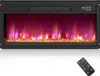 A black electric fireplace with a realistic flame effect and a remote control.
