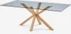 A rectangular glass-top dining table with a wooden base. Anteprima dell’immagine prodotto