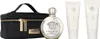 A Versace EROS FOR WOMEN CASE 4 piece set including a black cosmetic bag, a perfume bottle, and two lotion tubes. Voir les images du produit