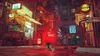 A cat walks down a neon-lit alleyway in a futuristic city. Produktbild-Vorschau