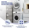 A stacked washing machine and dryer in a bathroom setting, with marketing text and icons highlighting product features. Produktbild-Vorschau