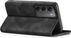 A black flip case for a smartphone, shown from a side-diagonal angle with the cover open. Produktbild-Vorschau
