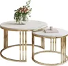 Two nesting round coffee tables with marble-look tops and gold-colored metal frames, one with a vase of flowers and the other with a book and candle. Produktbild-Vorschau