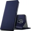 A blue flip cover phone case is shown standing upright, with the phone inserted and its back visible. Produktbild-Vorschau