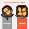 Comparison of a round air fryer basket with a square air fryer basket, showing more food capacity in the square basket. Produktbild-Vorschau