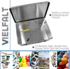 An open aluminum box with tools inside, surrounded by a collage of various items and text. Voir les images du produit