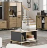 Couchtisch TRONDHEIM in Gesamtansicht mit heller Eicheplatte und dunklen Seitenfächern. Produktbild-Vorschau