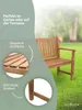 A wooden garden bench is shown in a grassy outdoor setting, with close-up insets highlighting its features. Produktbild-Vorschau