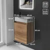 A bathroom vanity with a sink and cabinet, shown with dimensions. A mirror with integrated lighting is above. Produktbild-Vorschau