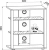 A technical drawing of a multi-shelf storage unit with dimensions indicated. Voir les images du produit