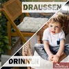 A split image showing a chair with a cushion outdoors on the left and a child sitting on a cushion indoors on the right. Text overlays indicate 'DRAUSSEN' (outdoors) and 'DRINNEN' (indoors). Produktbild-Vorschau