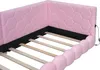 A close-up view of a pink upholstered bed frame with a hexagonal pattern on the headboard and a rounded design along the side. The wooden slats of the bed base are visible. Náhled obrázku produktu