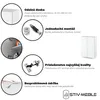 A collage of product feature callouts for a white cabinet, including close-ups of its material, assembly hardware, internal view, and hinge. Náhľad obrázku produktu