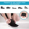 A person tying shoelaces on a sneaker, with icons of different shoe types at the top and a close-up of a toe separator. Produktbild-Vorschau