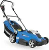 A blue electric lawnmower with a grass catcher bag, shown against a white background. Produktbild-Vorschau