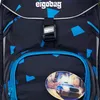 Close-up of a dark blue backpack with blue geometric patterns and a badge featuring a police car. Náhled obrázku produktu
