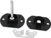 Three furniture connectors are laid out on a white background. One connector has a silver pin extending upwards from a black base. Another connector is a black piece with a U-shaped opening. A third, smaller metal piece is also visible. Podgląd zdjęcia produktu