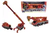 A collage of images showing a toy fire truck with a crane, including its packaging. Produktbild-Vorschau