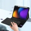 A tablet with a keyboard case is shown from a slightly elevated angle, with a hand interacting with the keyboard. The tablet screen displays a colorful abstract image. Angle indicators are shown on the left side of the image. Produktbild-Vorschau