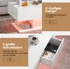Collage of a white coffee table with LED lighting and drawers, highlighting its features. Voir les images du produit