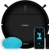 A black robot vacuum cleaner is shown with a smartphone displaying its app and a remote control. Náhled obrázku produktu