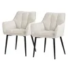 Two cream-colored chairs with black legs are shown against a white background.
