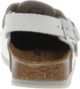 A close-up, rear view of a white Birkenstock sandal with a cork sole. Produktbild-Vorschau