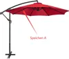 A red cantilever umbrella with a black pole and base, shown against a white background. A red arrow points to the umbrella canopy, with text 'Speichen A' below it. Produktbild-Vorschau
