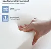 A hand pressing into a white foam material, with text overlays describing its features. Produktbild-Vorschau